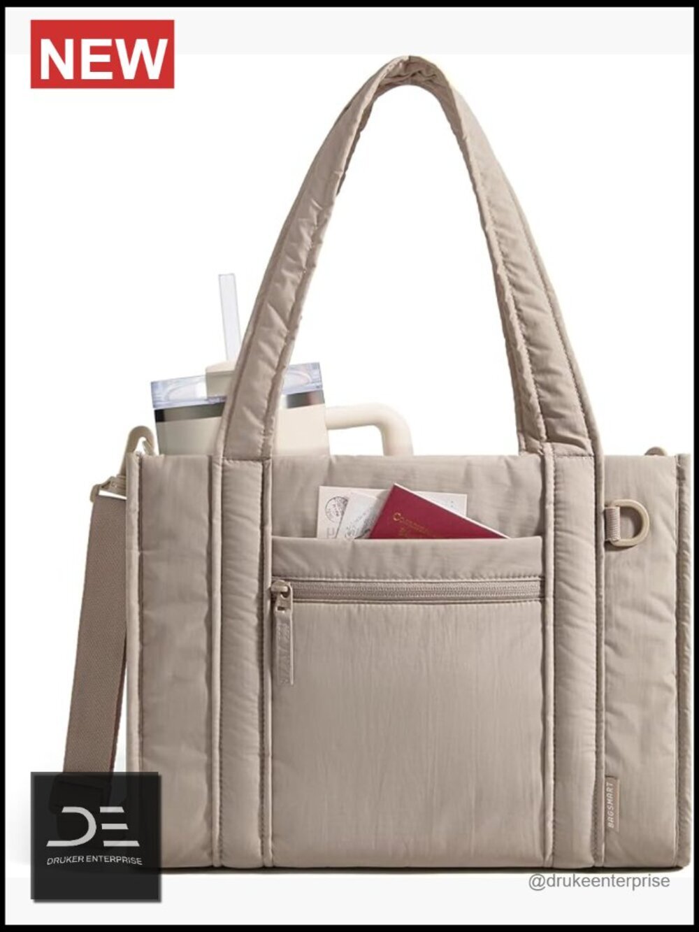 Quilted Boxy Tote Bag with Zipper, Crossbody, 20L Work College Travel
